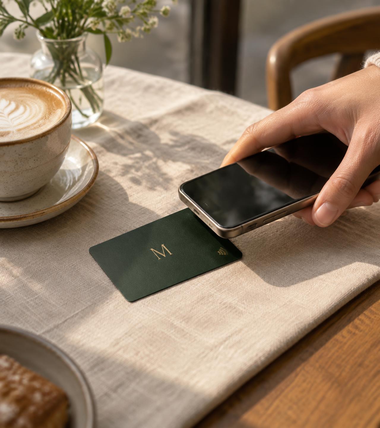 Un móvil se acerca a una tarjeta NFC de Mana tamaño tarjeta de crédito sobre una mesa